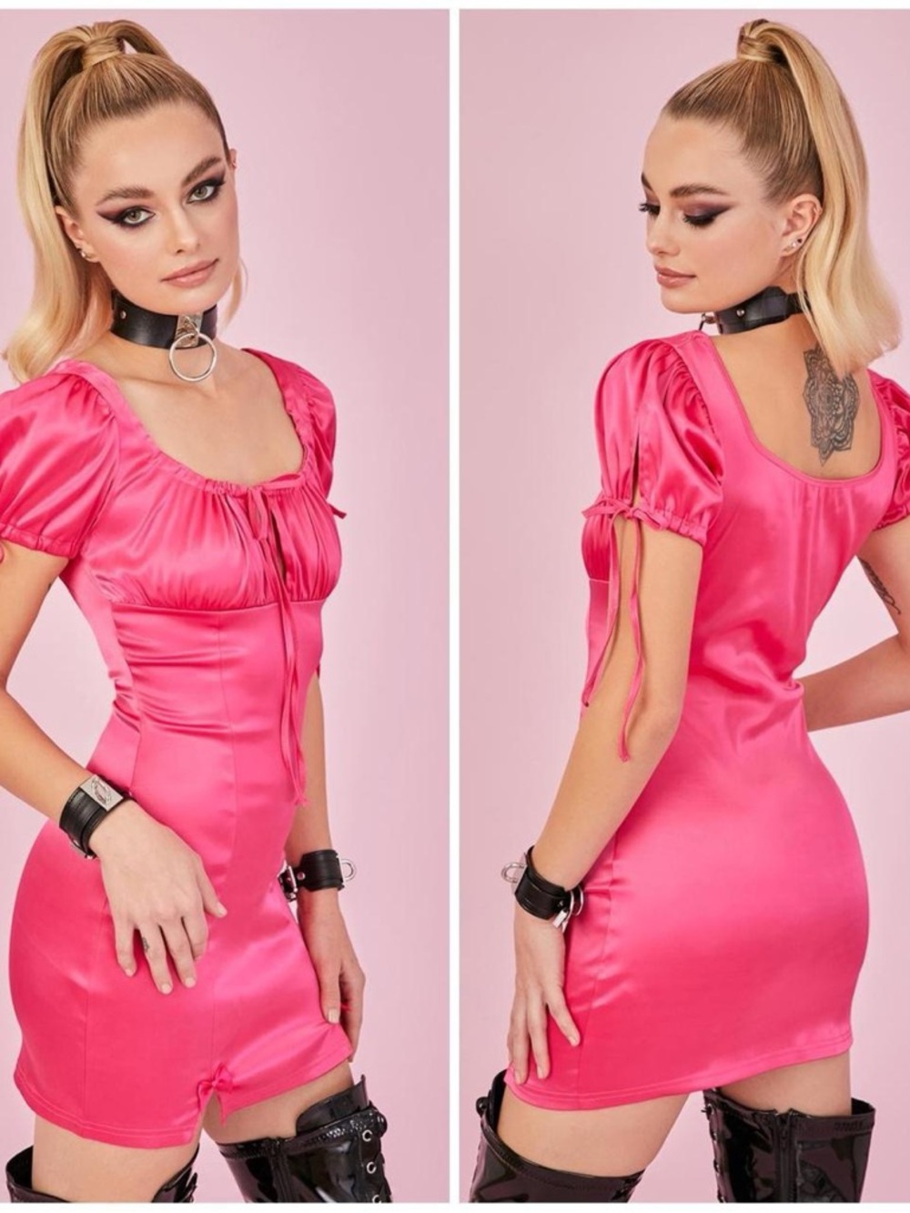 Sugar Thrillz Hot Pink Satin Mini Dress with Tie Front